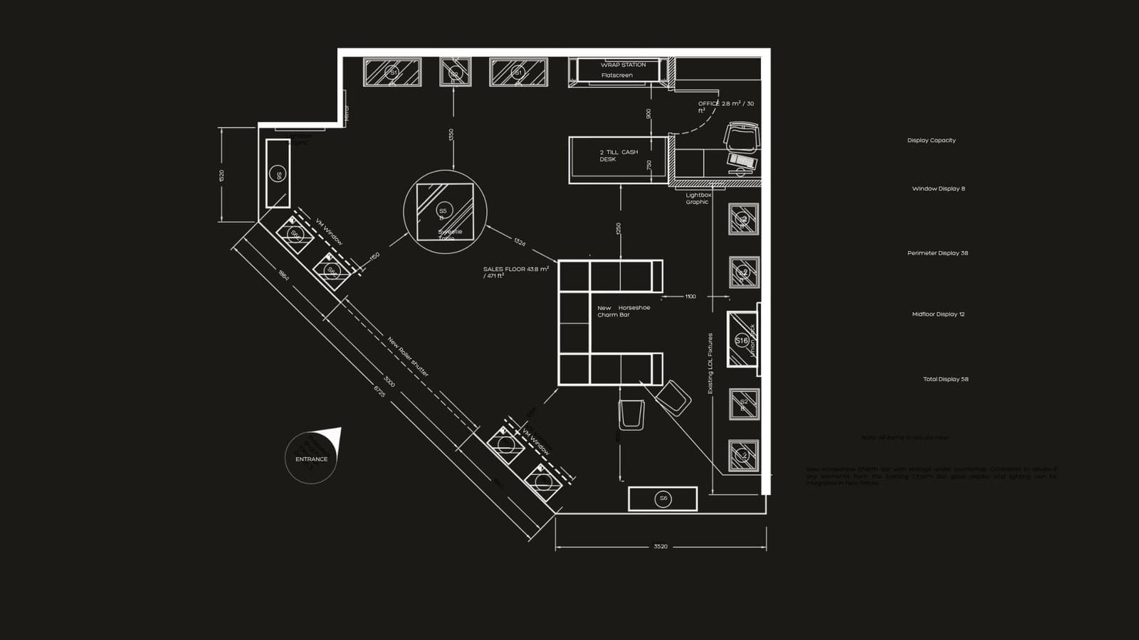Sales floor plan for the Links of London flagship, 43.8 square metres.