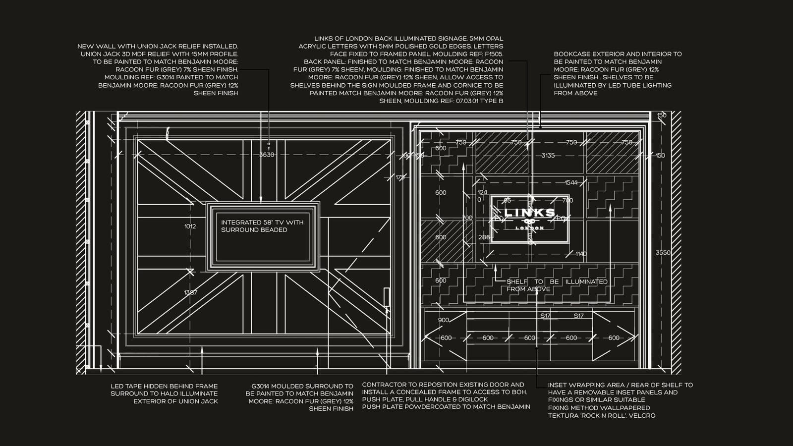 Signage and feature wall detail drawing, Links of London flagship.
