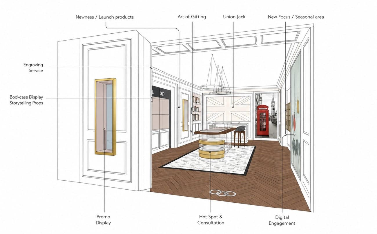 Store concept sketch for Links of London, Heathrow Terminal 5.